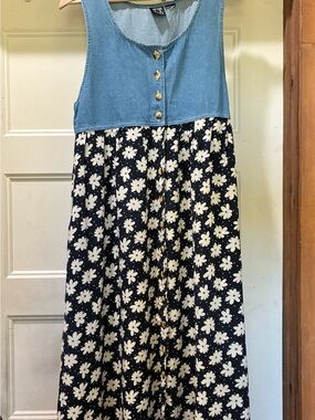 Vintage 90s Denim-Top Navy Vest style dress with White Floral Print